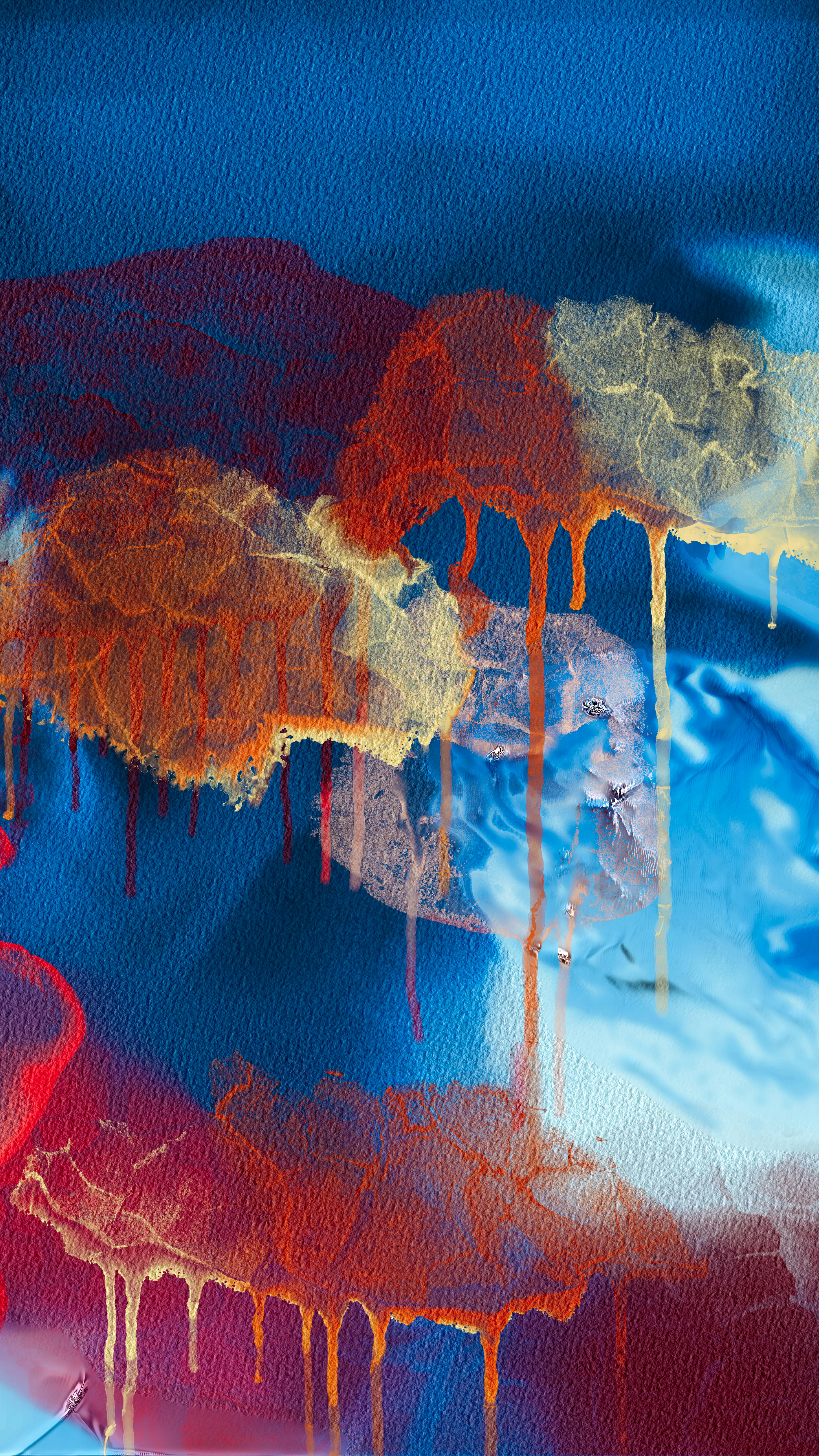 Vivid Abstract Painting With Drips Of Orange, Blue, And Red On Textured Canvas.
