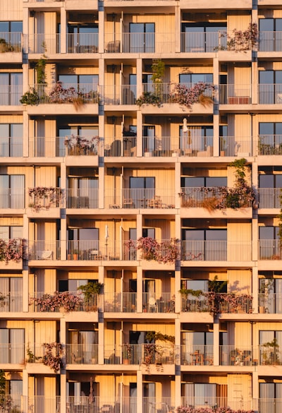 现代住宅大楼的辉煌面庞在金色的夕阳中闪耀