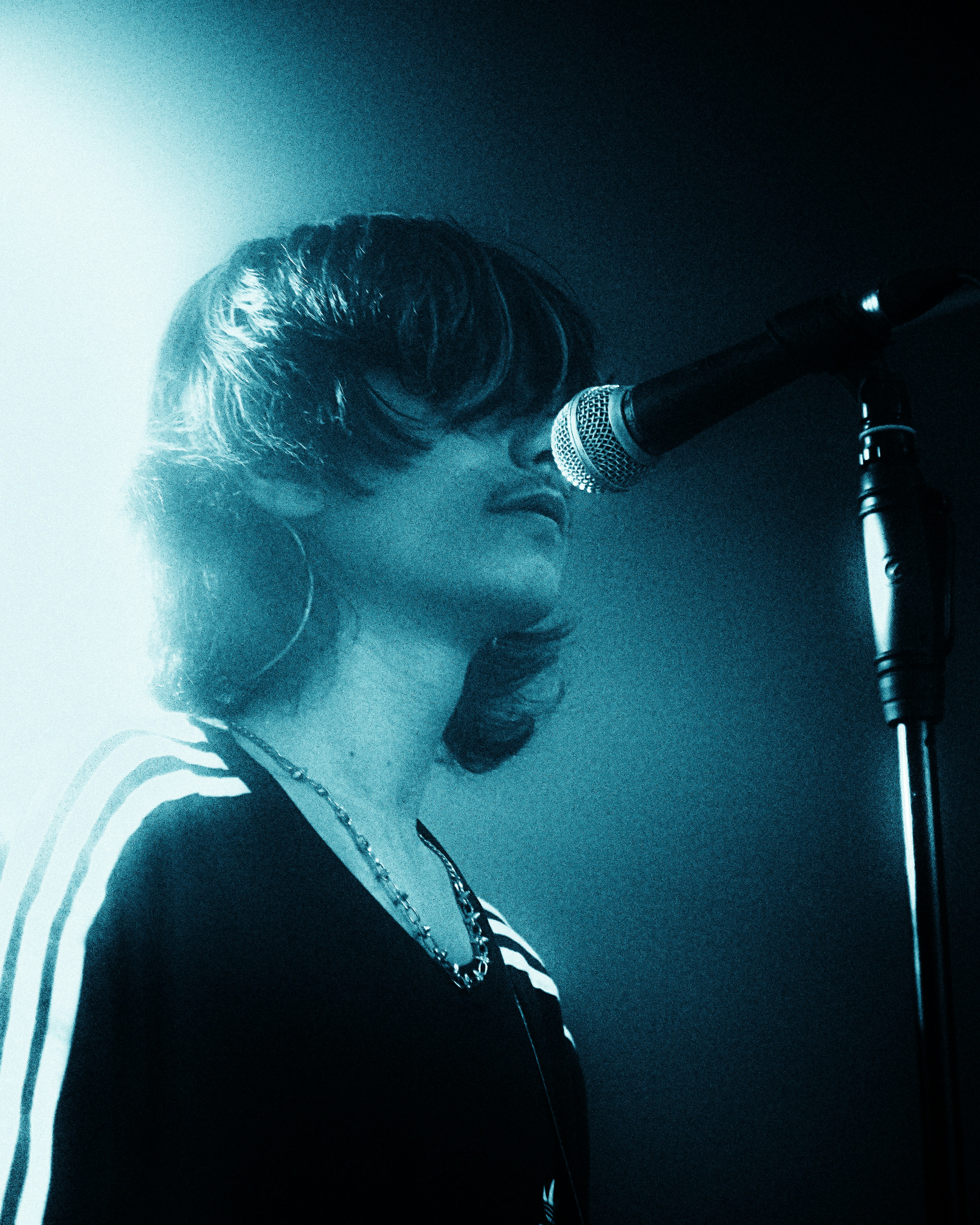 Performer With Long Hair And Mustache Sings Into A Microphone.