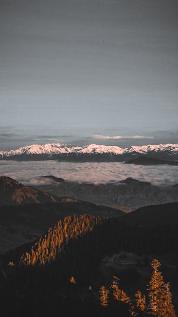 Stunning Sunset View Of Snowcapped Mountains And Trees In Scenic Landscape. wallpaper preview