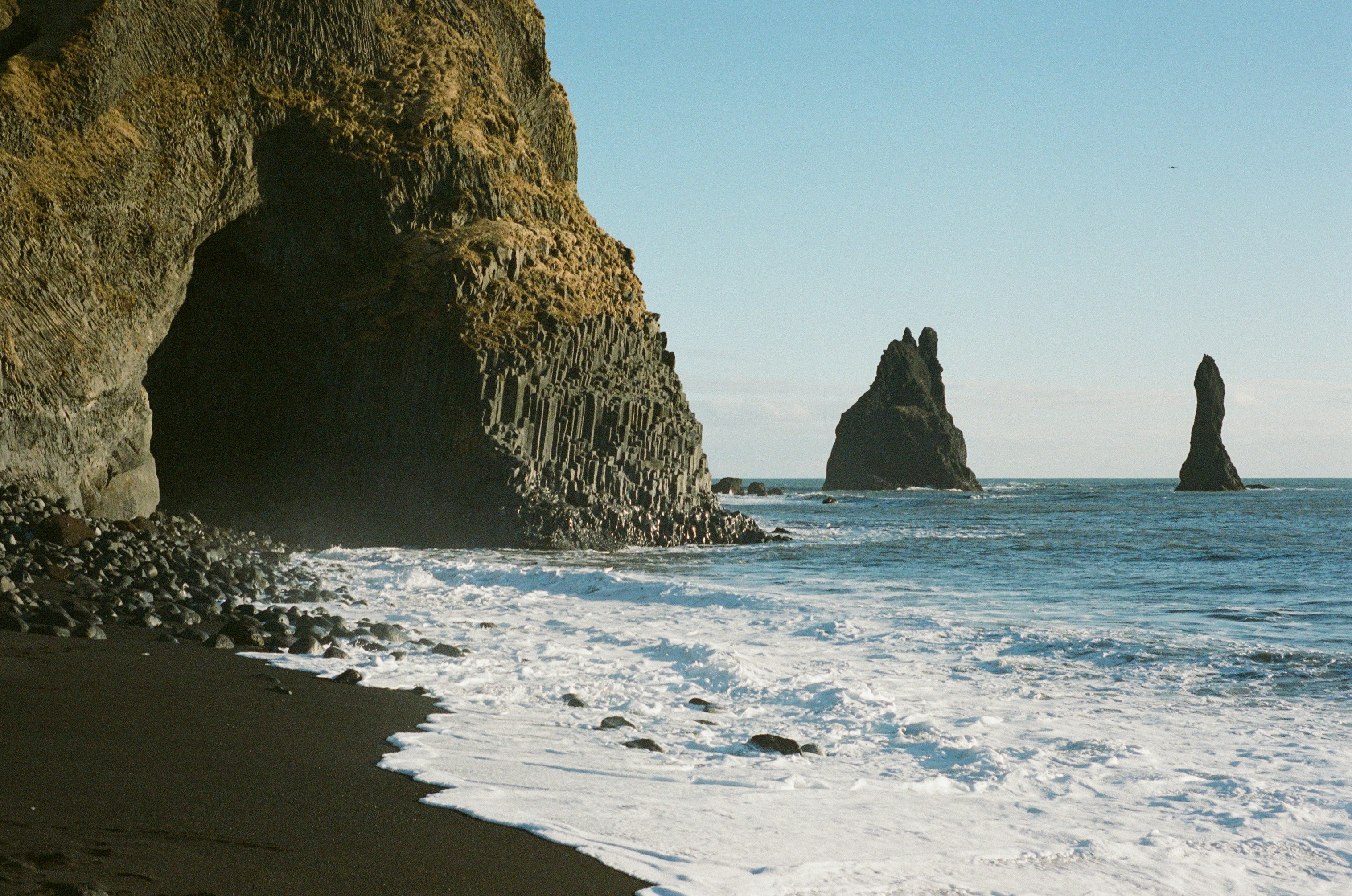 Black Sand Beach, Sea Cave, Ocean Waves, And Sea Stacks. HD mobile wallpaper