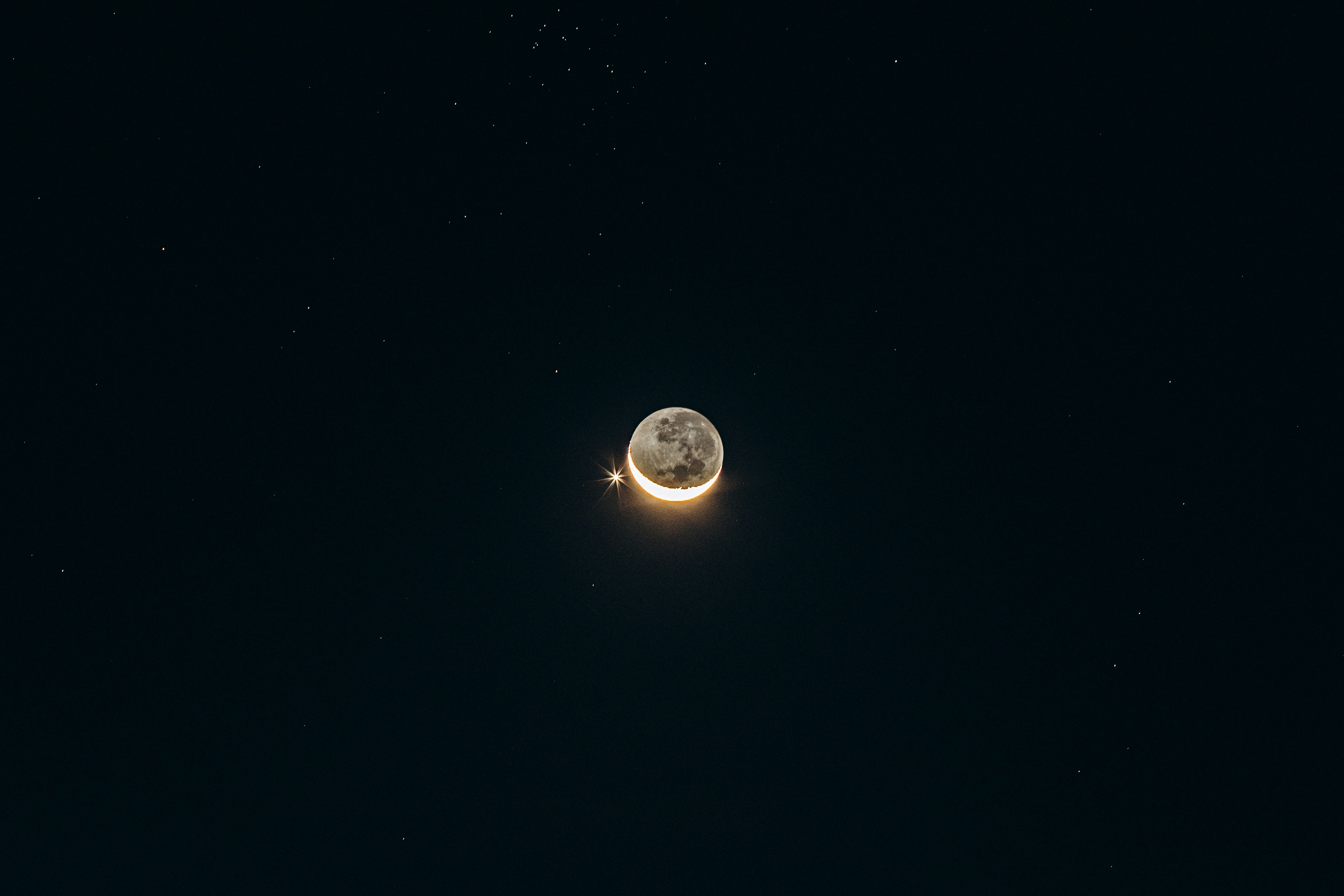 Crescent Moon And Bright Star Against A Dark, Starry Sky. HD mobile wallpaper