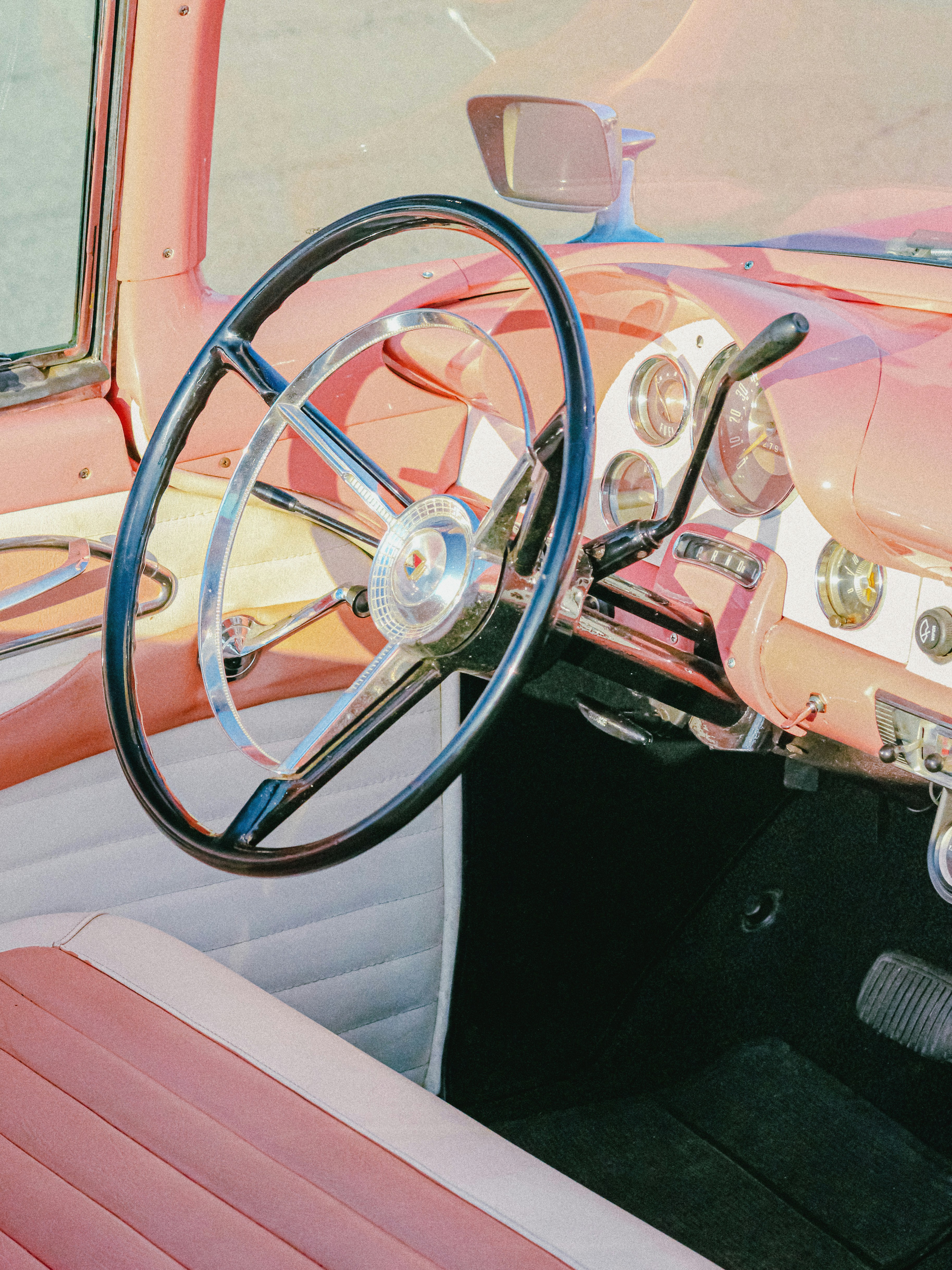 Dashboard Of Vintage Pink Car In Sunlight HD mobile wallpaper