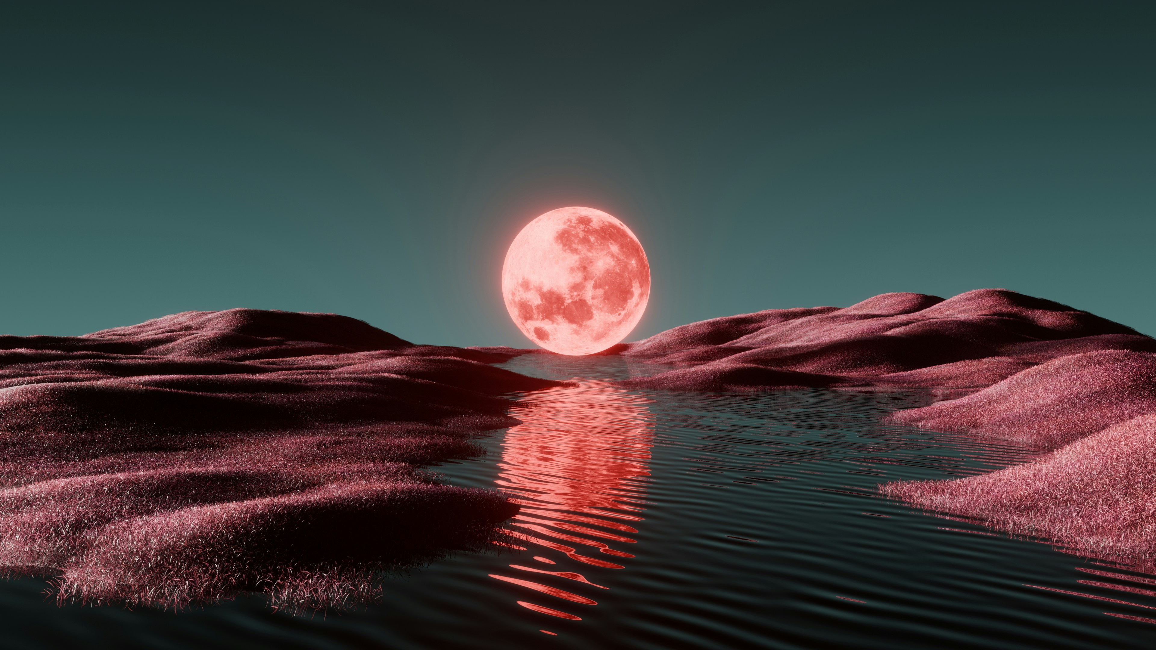 A Glowing Red Moon Reflects In Water Over Alien Landscape. HD mobile wallpaper