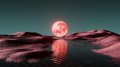 A Glowing Red Moon Reflects In Water Over Alien Landscape. wallpaper preview