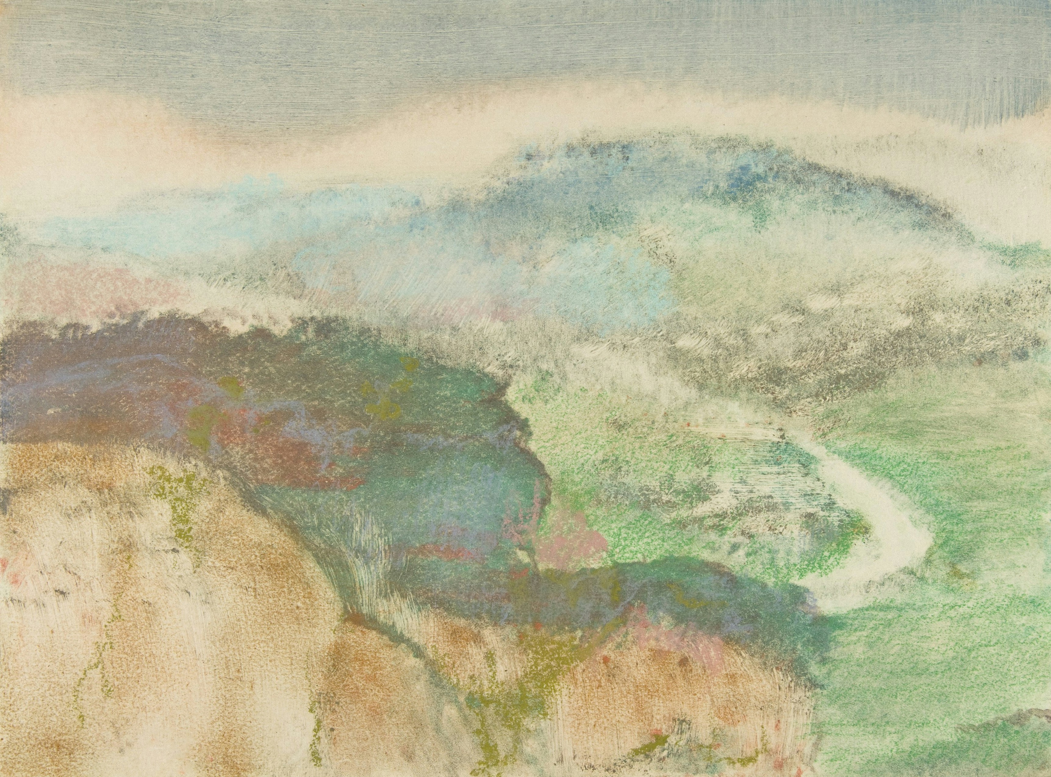 风景画，德加斯，法国巴黎人，1834年出生于巴黎，1917年逝世于巴黎，1892年创作，油色印象，粉彩增色，尺寸10x13.38英寸，分类：墨水画，收藏来源：伯恩哈德夫妇捐赠，1972年，文物号：1972.636，馆藏部门：绘画与墨水画。手机壁纸高清图片