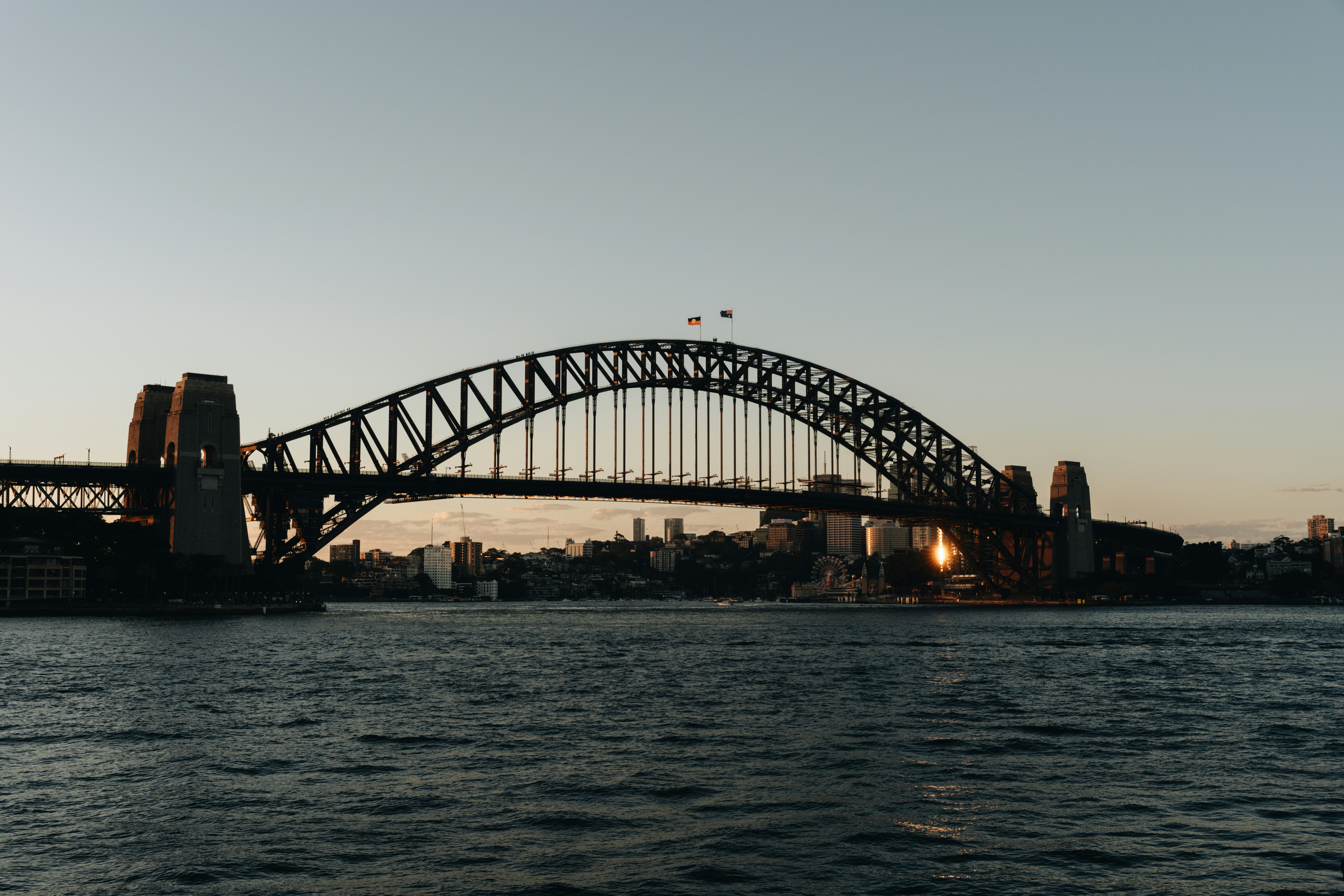 Sydney Harbour Bridge At Sunset With Calm Water HD mobile wallpaper