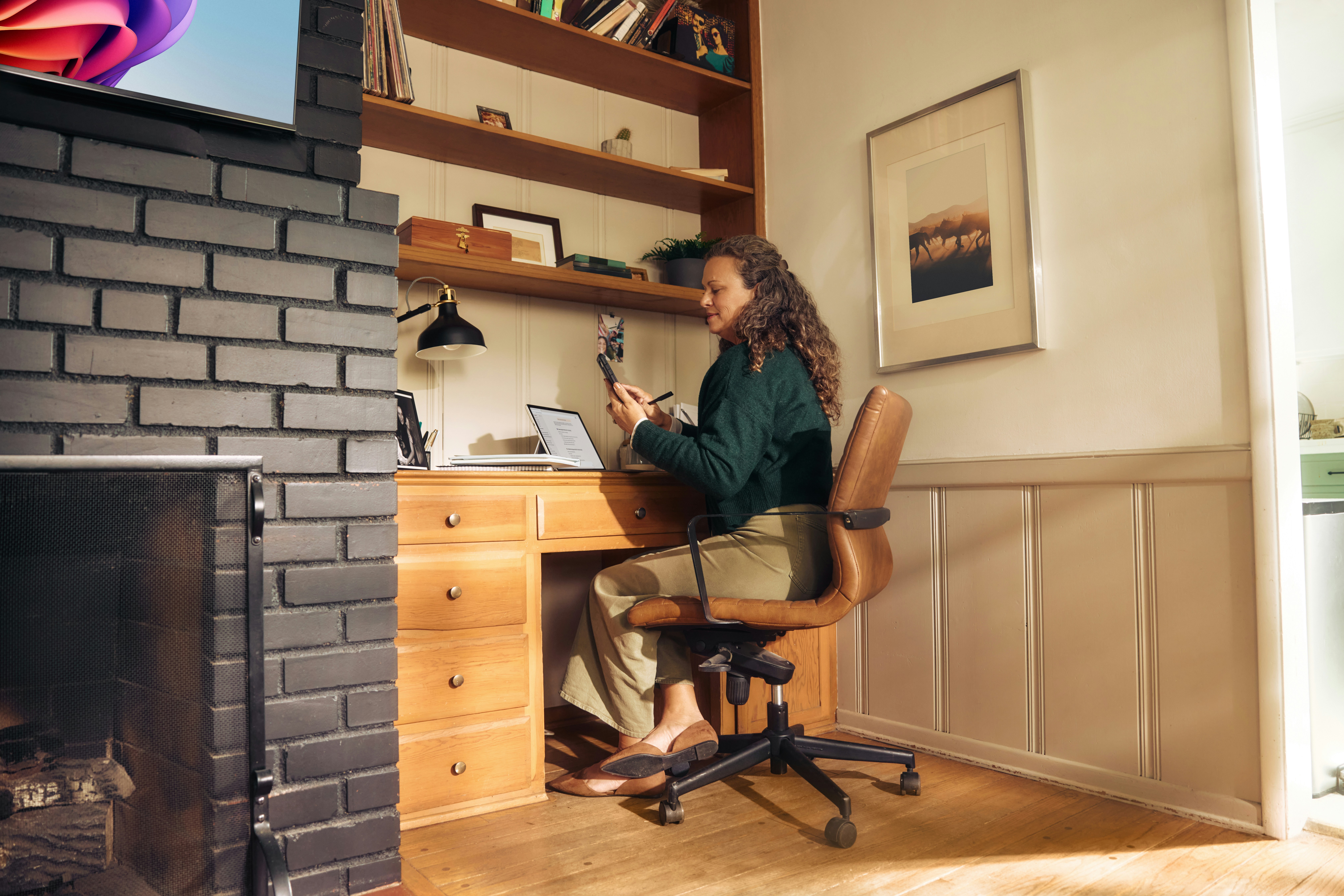 Woman Working At A Desk In A Cozy Home Office. HD mobile wallpaper