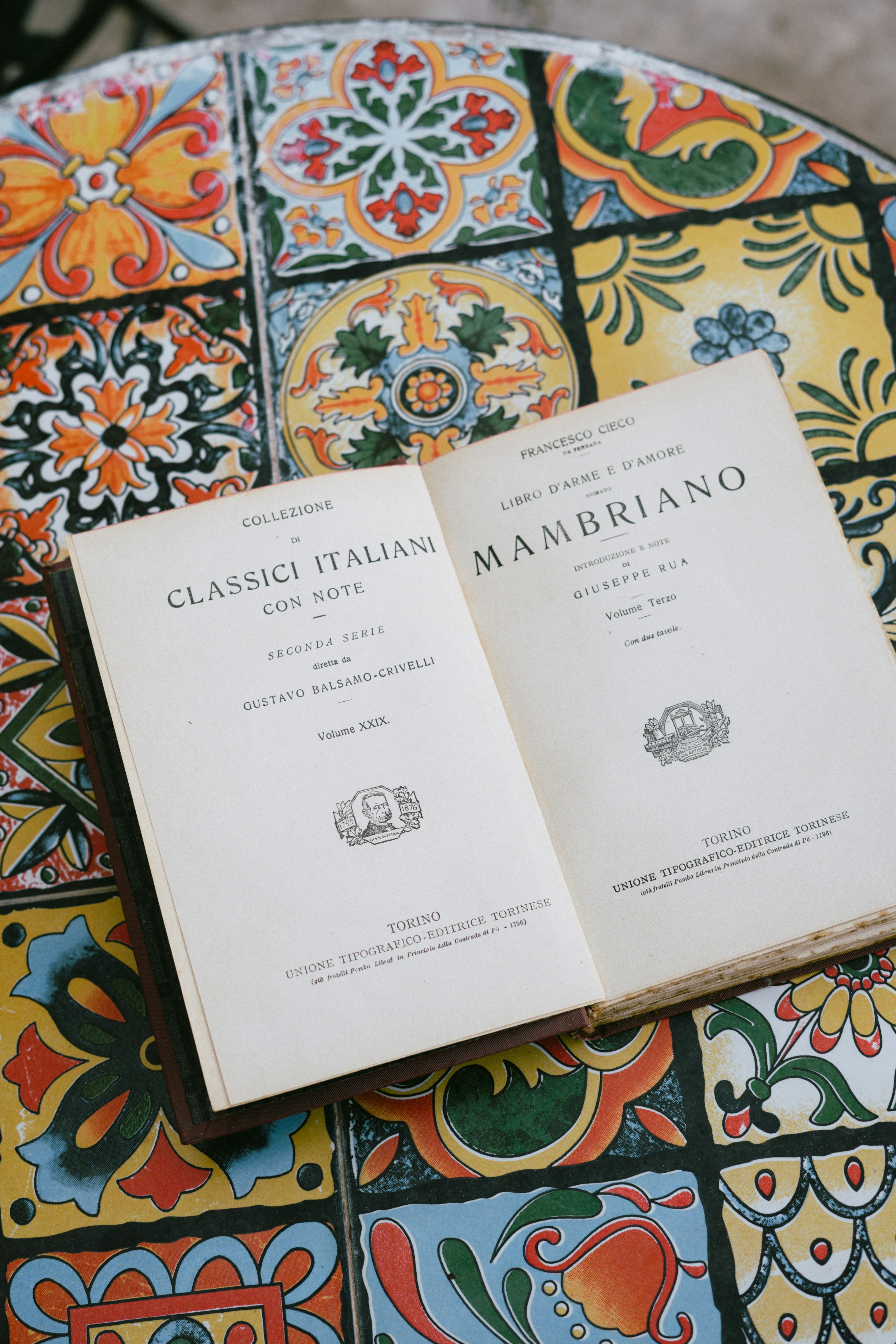 Vintage Italian Book Open On A Vibrant Tiled Table HD mobile wallpaper