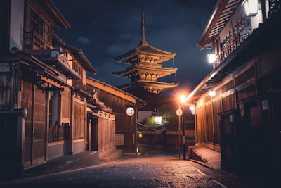 Traditional Japanese Street With Pagoda At Night wallpaper preview