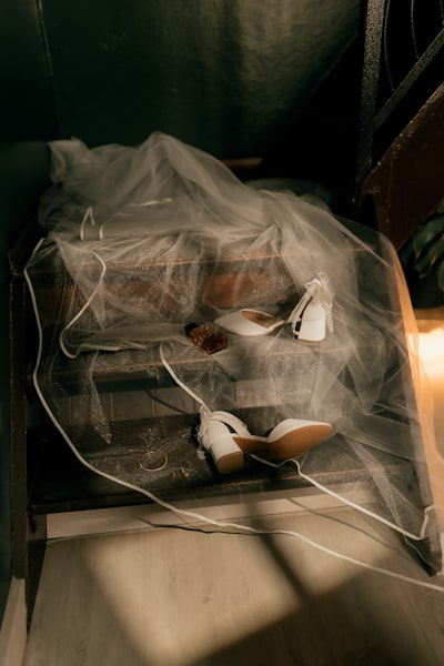 White Wedding Shoes And Veil On A Wooden Dresser. wallpaper preview
