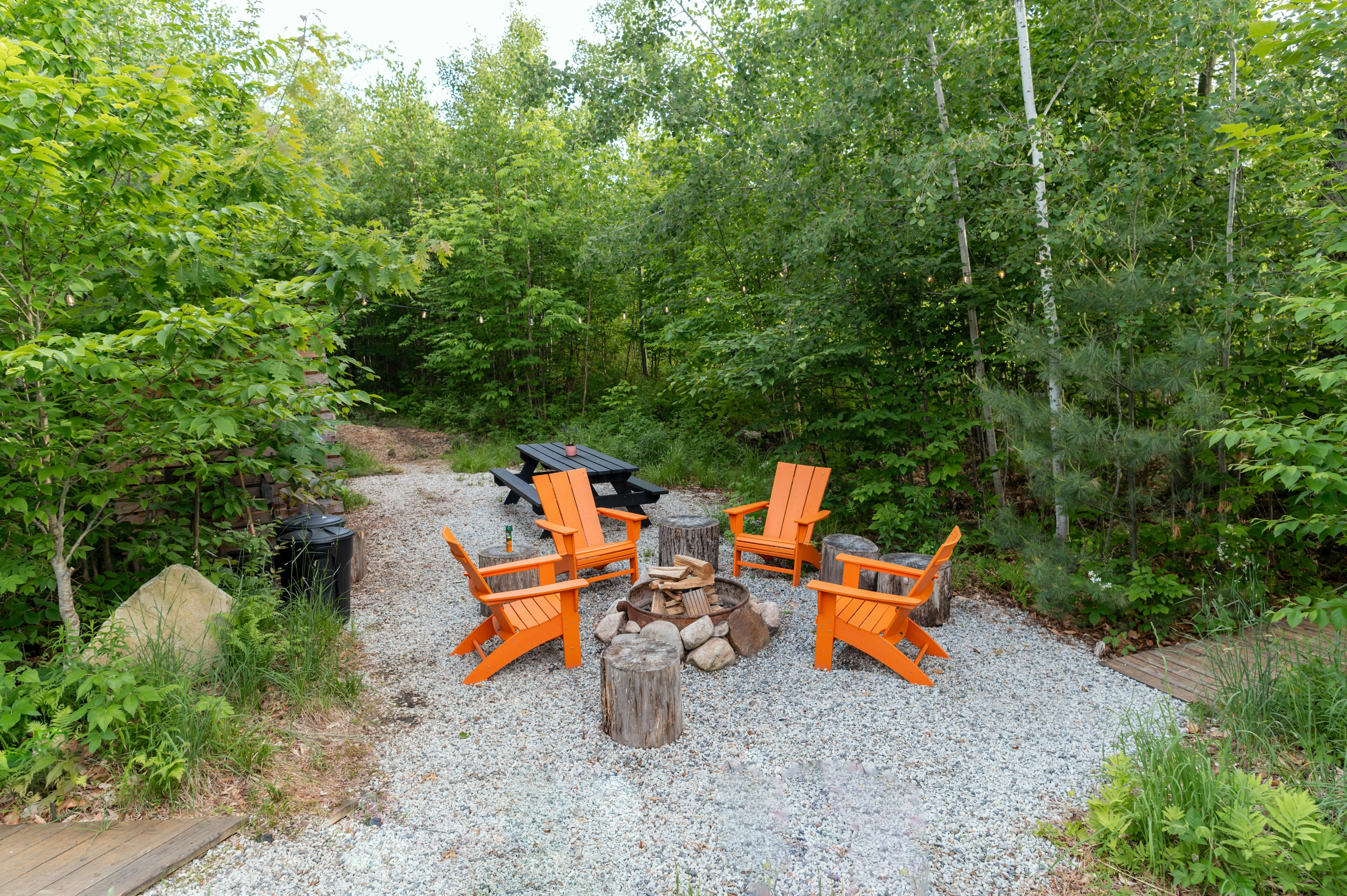 Outdoor Seating Chairs Around Firepit In The Forest HD mobile wallpaper