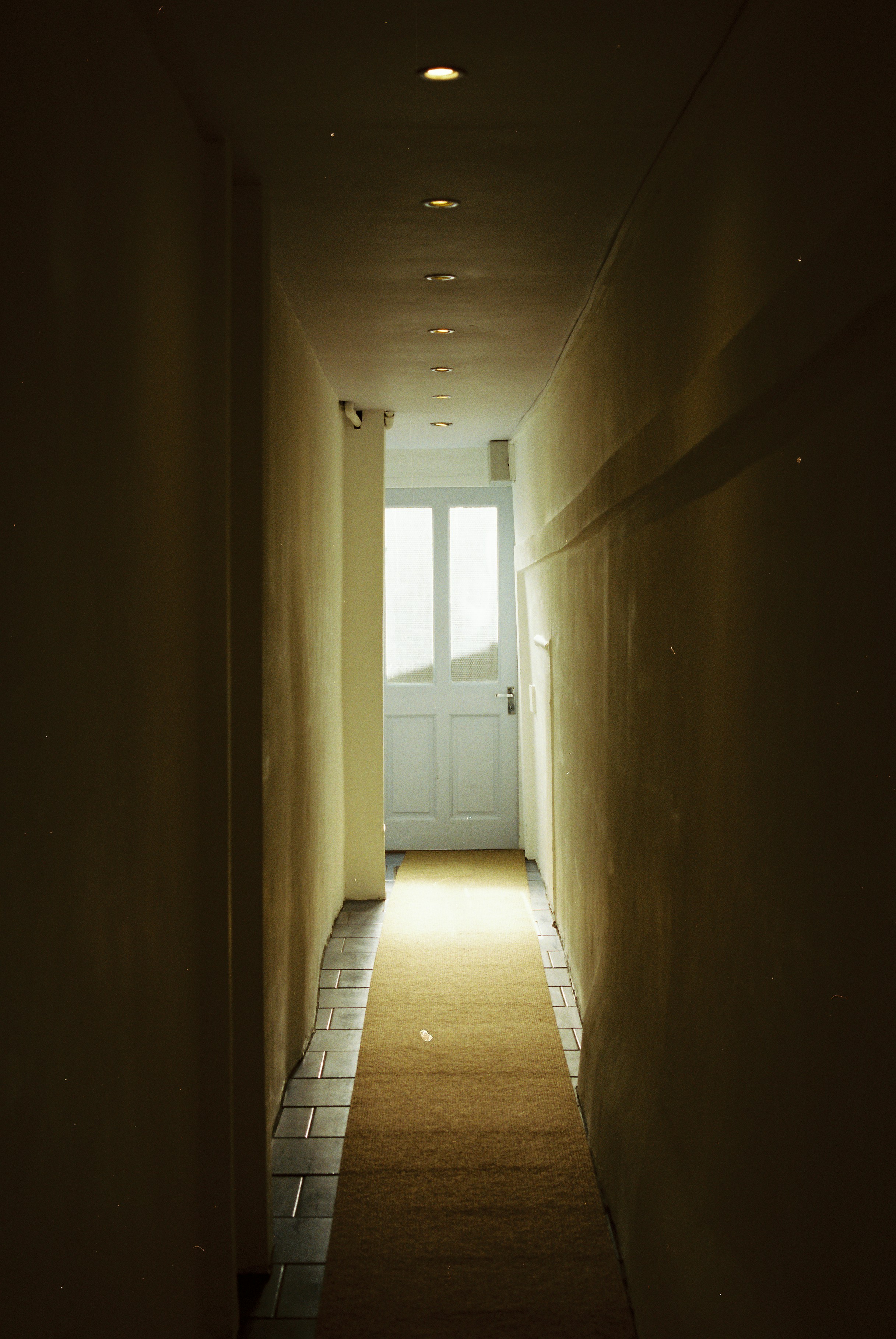 A Dim Hallway With A Tiled Border Leads Toward A Glowing Glazed Door Spilling Warm Daylight Inside. HD mobile wallpaper