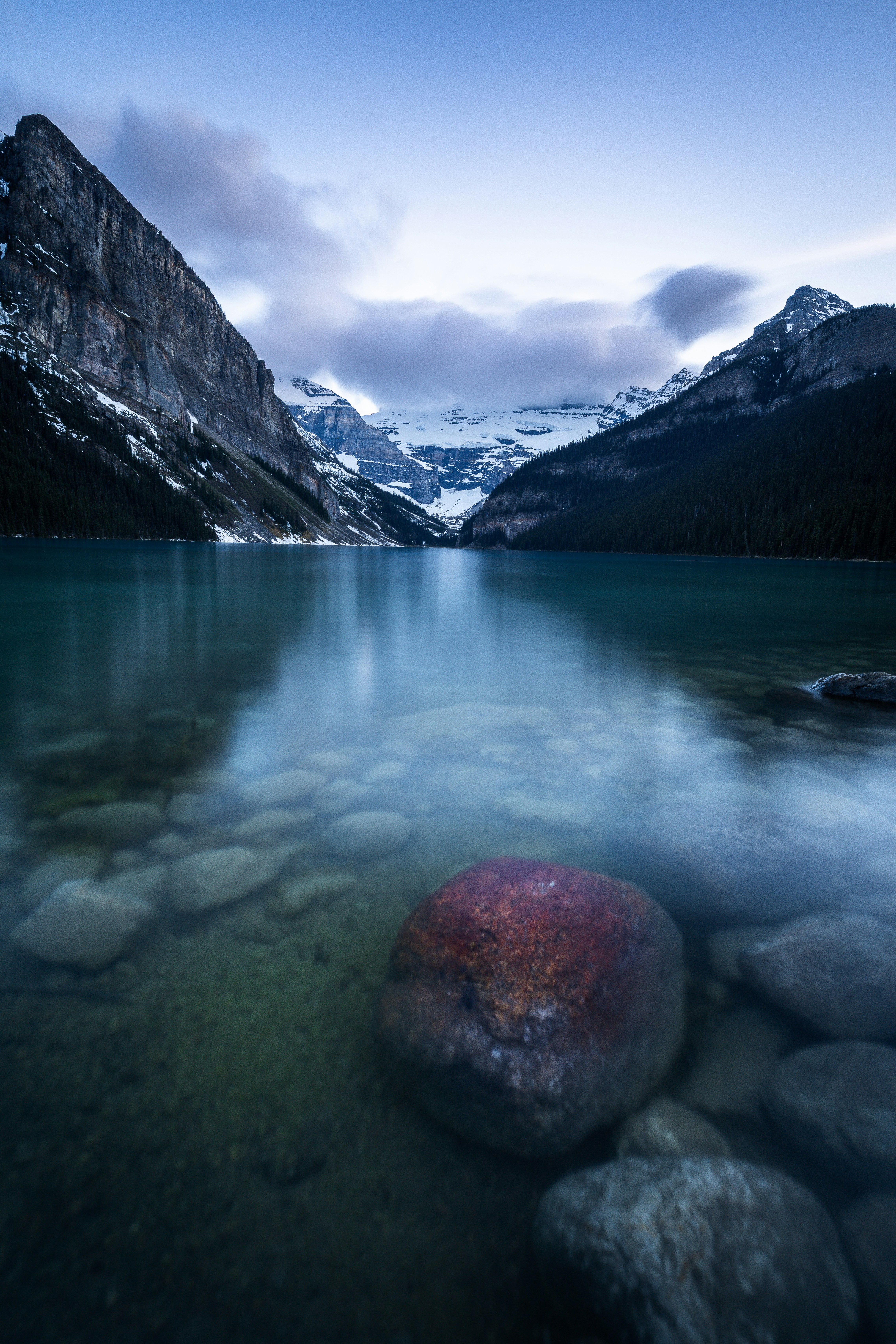 Clear Mountain Lake, Snow-capped Peaks, And A Red Rock. HD mobile wallpaper